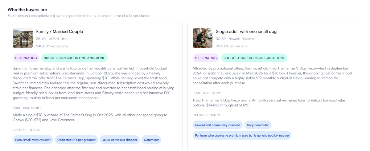 AI persona cards describing two buyer households with purchase stories and lifestyle traits