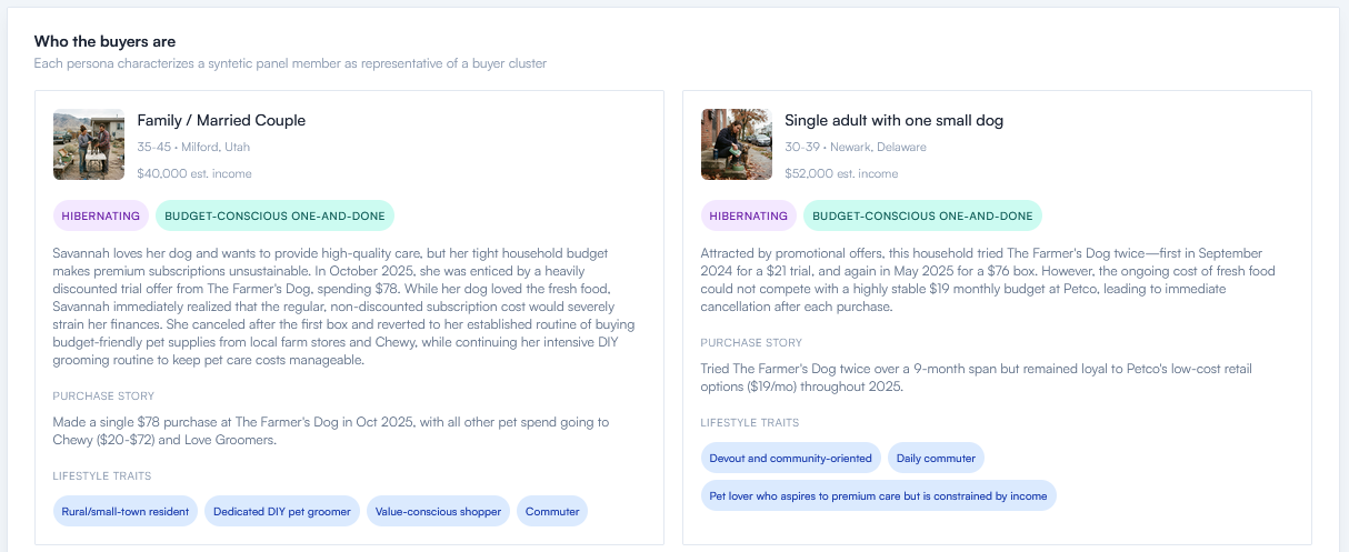 AI persona cards describing two buyer households with purchase stories and lifestyle traits