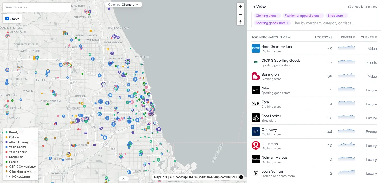 Explore map of Chicago with apparel and footwear stores colored by clientele, and the top merchants in view with locations, quarterly revenue trends and dominant clientele
