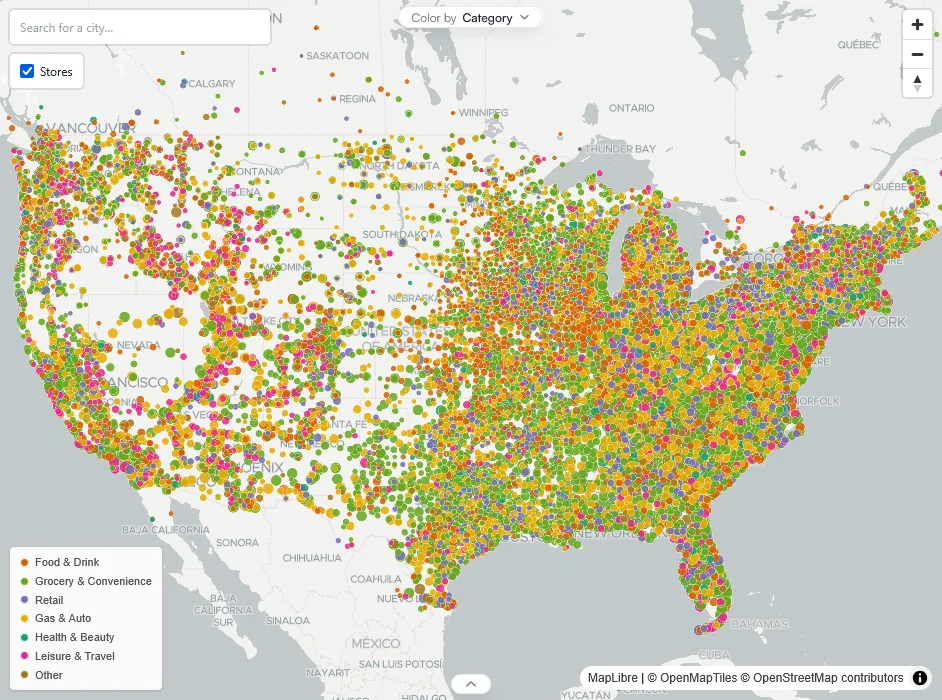 Iceflower explore map of the United States, every store shown as a dot colored by category
