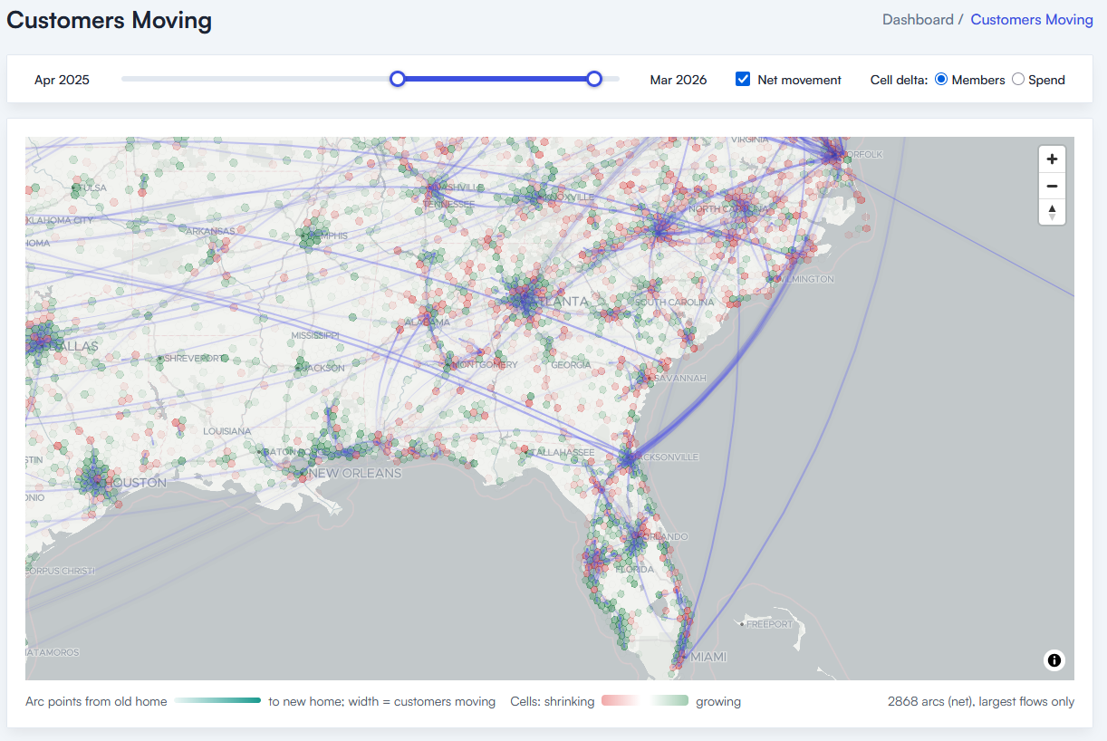 Map of the southeastern United States showing customer relocation arcs between cities